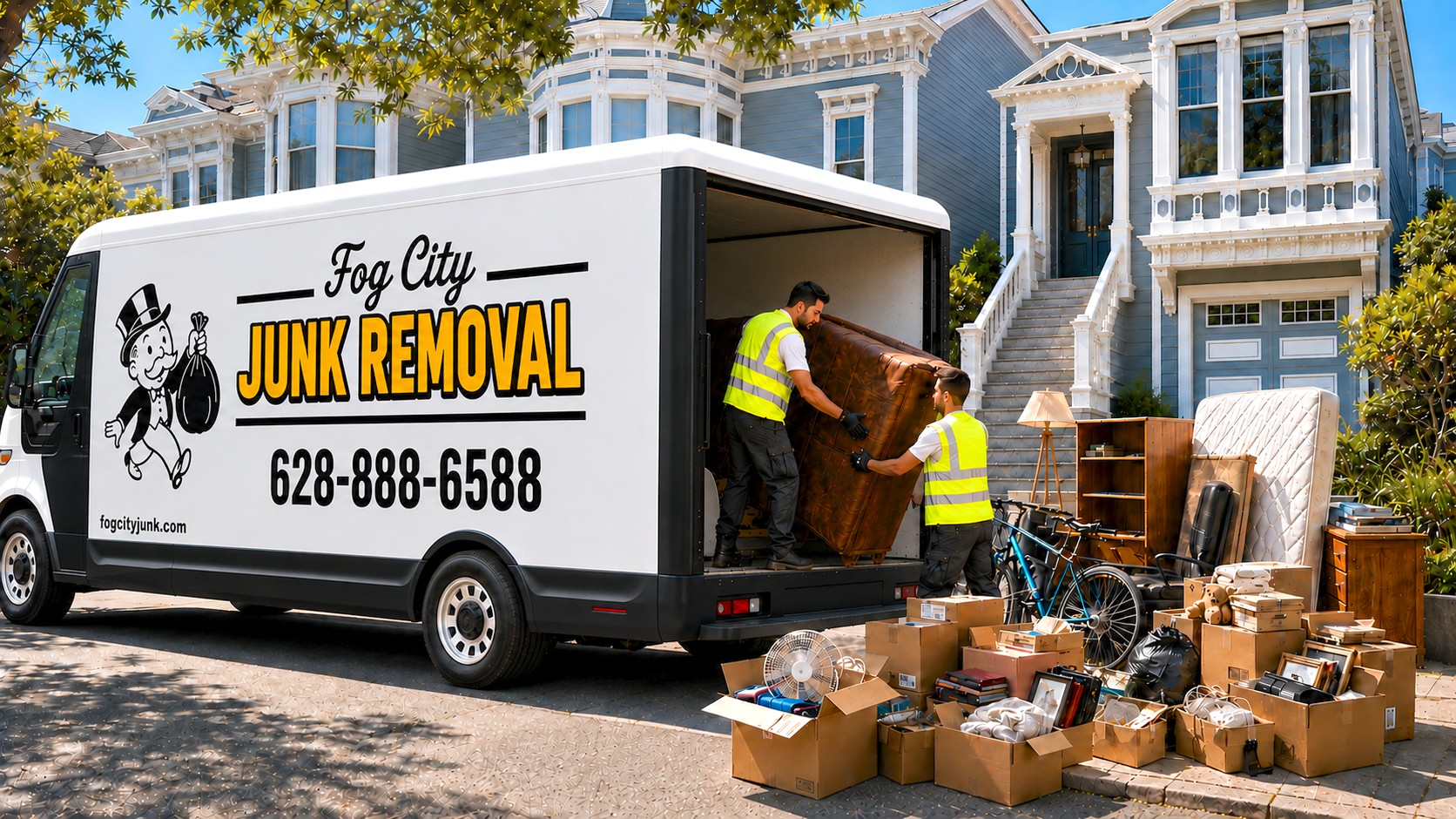 Two Fog City Junk Removal crew members loading a large cabinet and furniture into the company truck, with boxes and a mattress piled on the sidewalk