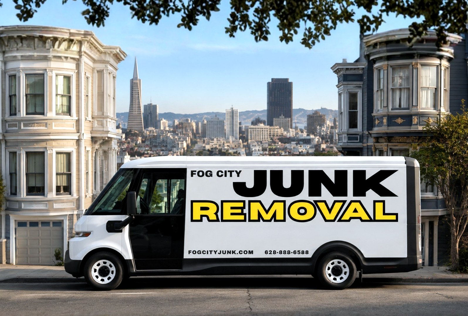 Fog City Junk Removal van parked on a San Francisco street with the city skyline in the background