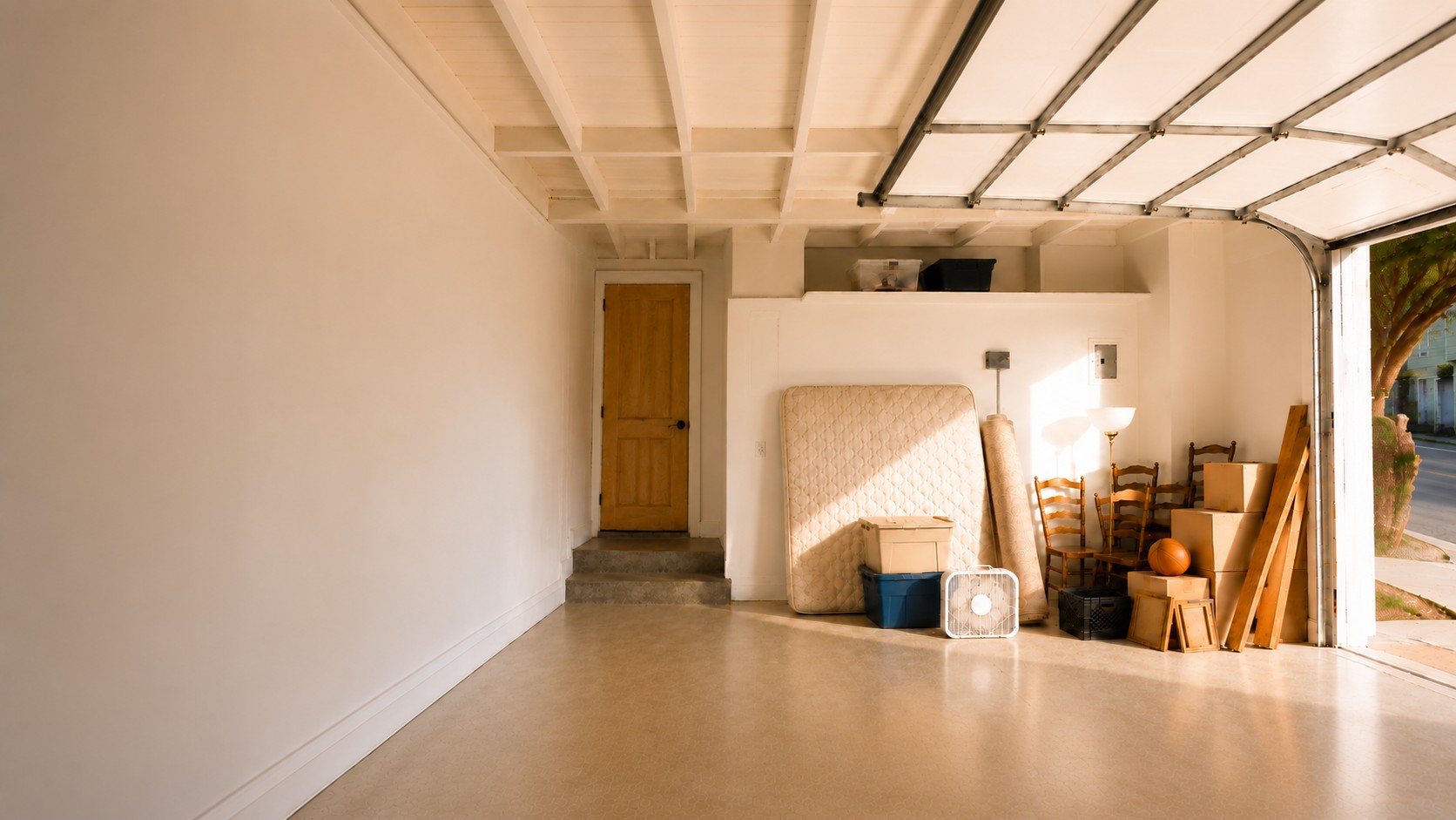 An old mattress, boxes, and furniture piled in a San Francisco garage, ready for junk removal